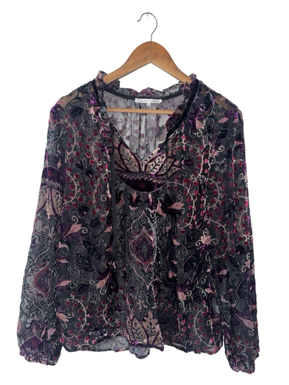 Violet + Claire Whimsygoth Black Purple Velvet Sheer Long Sleeve Blouse Size XL